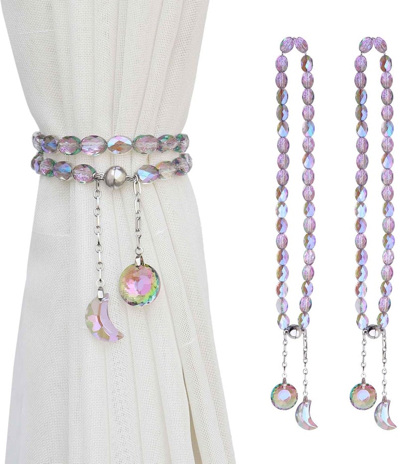Pedobo Magnetic Curtain Tiebacks, 2 Pack Crystal Beaded Sun & Moon Pendants Sheers/Draperies Holdbacks for Window Home Office Decor (Purple) - Image 1